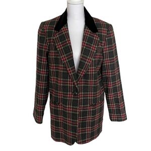 Vintage 90s Oversized Plaid Wool Blazer Size 10 Holiday Red Gray Velvet Collar